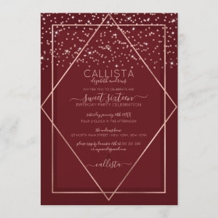 Invitation Bourgogne Rouge Rose or Confetti Bordure Sweet 16