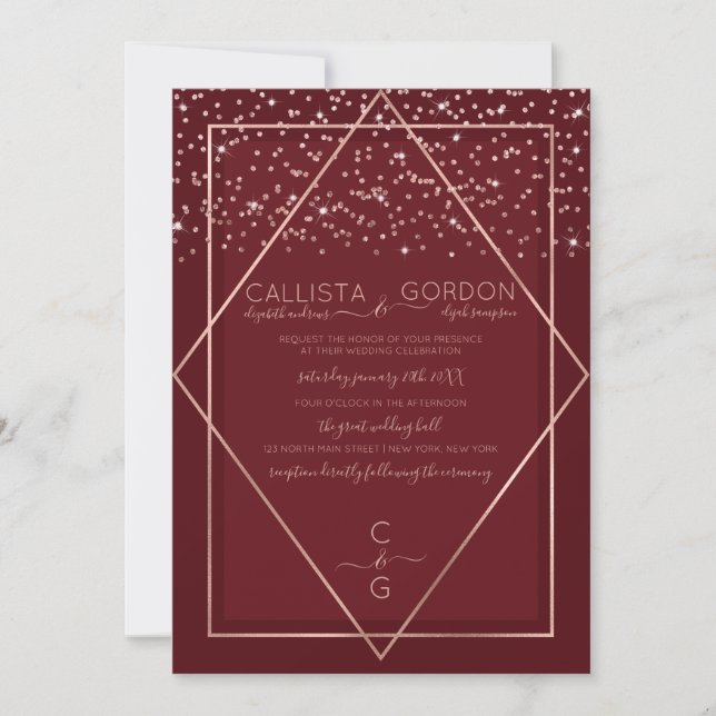Invitation Bourgogne Rouge Rose or Confetti Geo Mariage front (Devant)