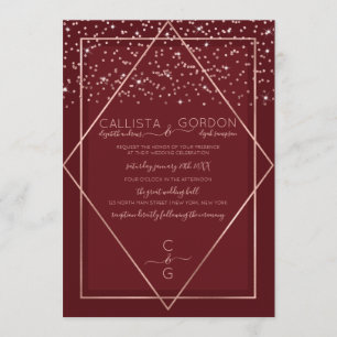 Invitation Bourgogne Rouge Rose or Confetti Geo Mariage front