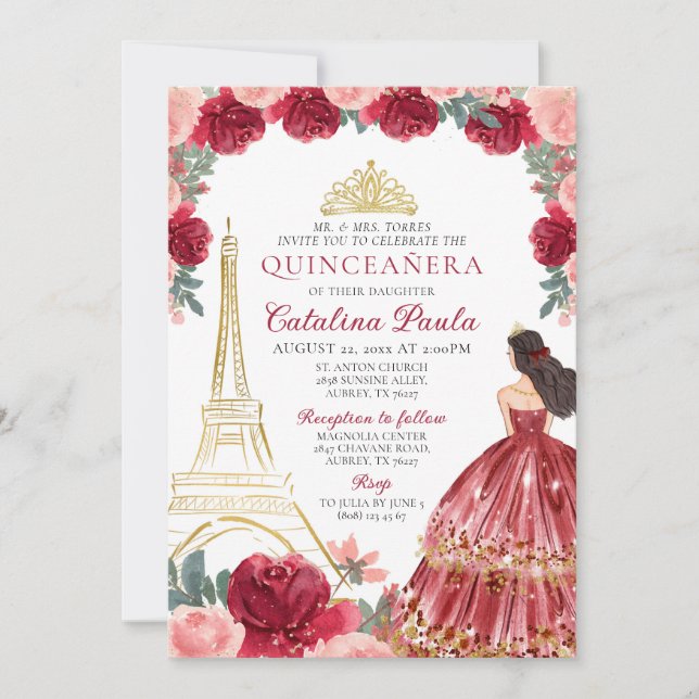 Invitation Bourgogne Rouge rose Or Tiara Paris Quinceañera (Devant)