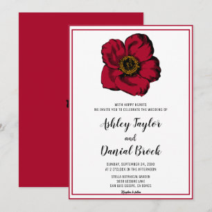 Invitation Bourgogne rouge rose simple encadré Mariage floral