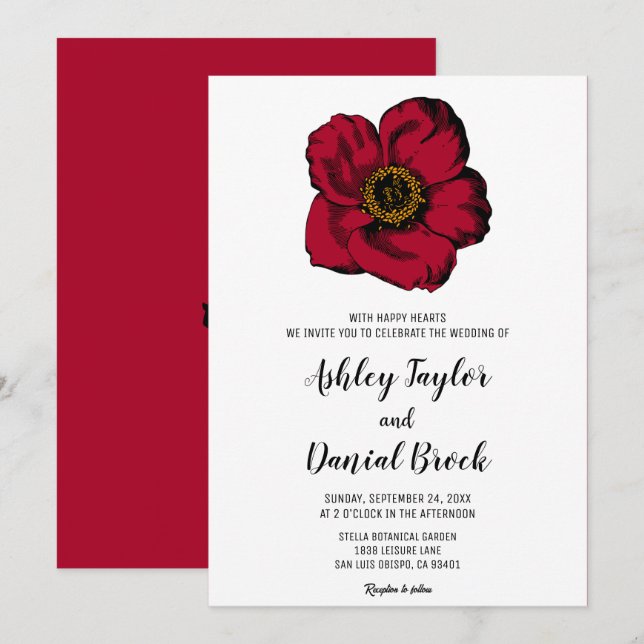 Invitation Bourgogne rouge rose simple script Mariage floral (Devant / Derrière)