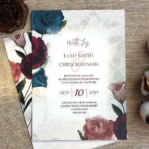 Invitation Bourgogne, Rouge, Turquoise, Beige Rose Mariage