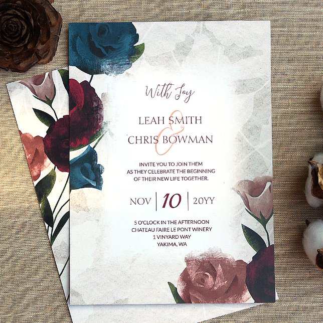 Invitation Bourgogne, Rouge, Turquoise, Beige Rose Mariage (teal green, burgundy, rose gold roses wedding invitations, botanical vintage garden wedding)