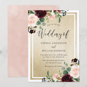 Invitation Bourgogne Rouge Vin Blush Fleurs & Mariage Or