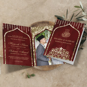 Invitation Bourgogne Rouge Vintage or Mariage de l'arc islami