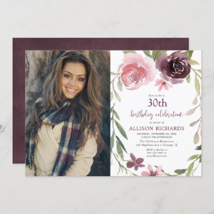 Invitation Bourgogne rougissent floral n'importe quelle photo