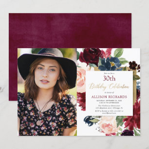 Invitation Bourgogne rougissent photo florale d'anniversaire