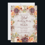Invitation Bourgogne rouille Orange Floral Femmes 21ème anniv<br><div class="desc">Elégante rouille bordeaux,  orange,  couleur crème fleurie et feuillage pour les femmes de 21e anniversaire invitation à la fête. Concevez vos invitations pour n'importe quel âge.</div>