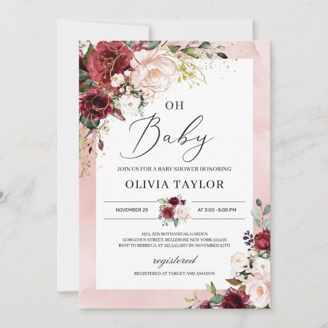 Invitation Bourgogne rousse rose or floral oh baby shower (Devant)