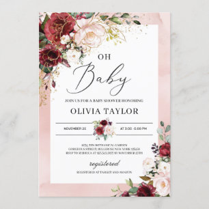 Invitation Bourgogne rousse rose or floral oh baby shower