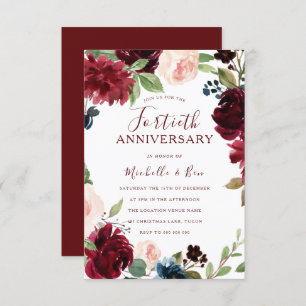 Invitation Bourgogne Ruby Rouge Floral 40e anniversaire Maria