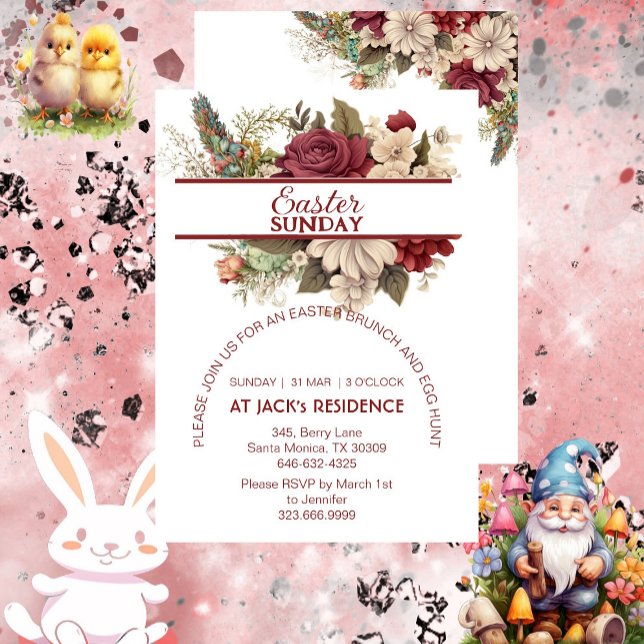 Invitation Bourgogne Russe Roses Pastel Floral Pâques dimanch (Burgundy Rustic Roses Pastel Floral Easter Sunday Invitation)