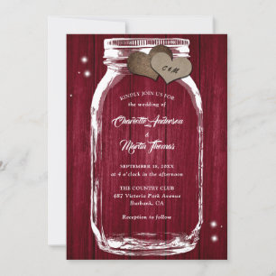 Invitation Bourgogne Rustic Wood Hearts Mason Jar Mariage
