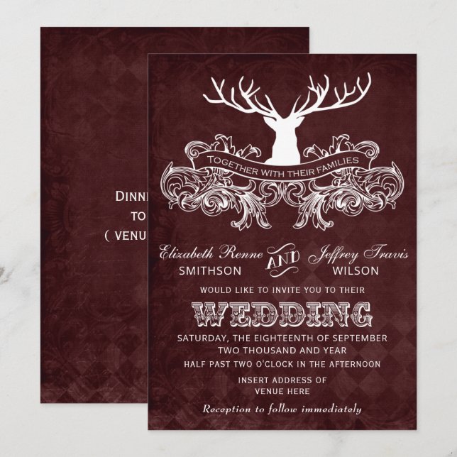 Invitation Bourgogne Rustique Antler Deer Mariage Woodland (Devant / Derrière)