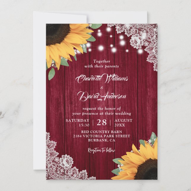 Invitation Bourgogne rustique et mariage de tournesol Invitat (Devant)