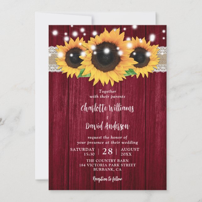 Invitation Bourgogne rustique et mariage de tournesol Invitat (Devant)