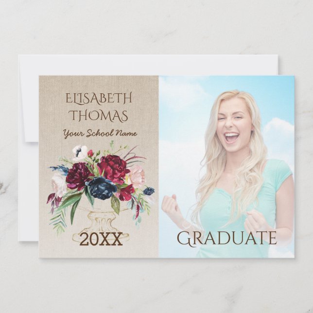 Invitation Bourgogne Rustique Fleurs Burlap Photo Graduation (Devant)