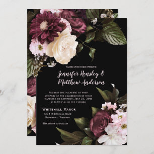 Invitation Bourgogne rustique, rose pâle, Mariage floral blan
