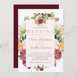 Invitation Bourgogne, safran, Aquarelle rose Cadre Floral