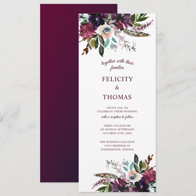 Invitation Bourgogne Splendor Boho Florals Mariage blanc (Devant / Derrière)