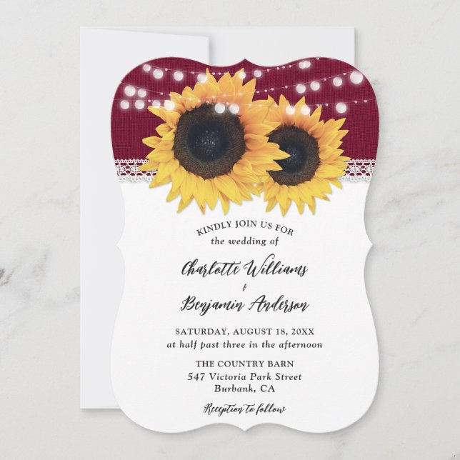 Invitation Bourgogne Sunflower Burlap Mariage campagnard dent (Devant)