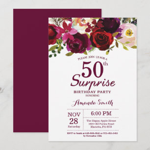 Invitation Bourgogne Surprise Floral 50e fête d'anniversaire