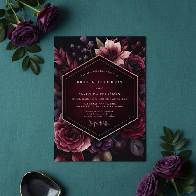 Invitation Bourgogne Velvet Bloom Elégance Mariage (Créateur téléchargé)