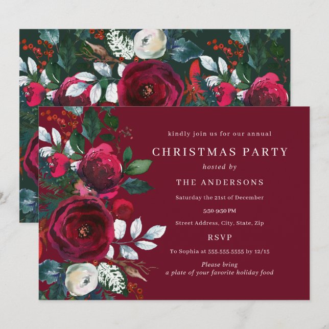 Invitation Bourgogne Vert Feuillage d'hiver Fête de Noël (Devant / Derrière)
