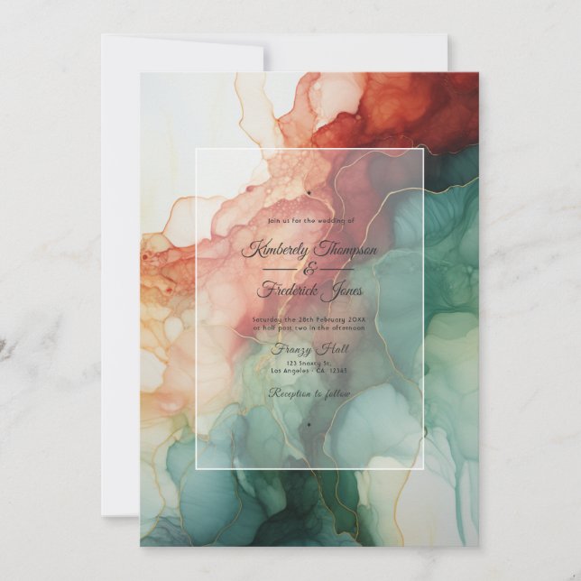 Invitation Bourgogne, vert forestier et Mariage d'encre de ch (Devant)