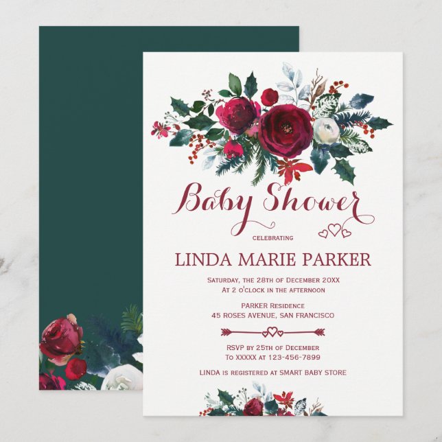Invitation Bourgogne vert pin floral bébé hiver showering (Devant / Derrière)