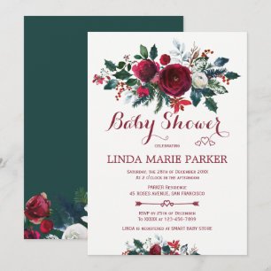 Invitation Bourgogne vert pin floral bébé hiver showering