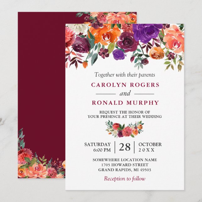 Invitation Bourgogne violet orange rouge Mariage Floral (Devant / Derrière)
