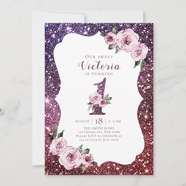 Invitation Bourgogne violet parties scintillant et floral 1er (Devant)