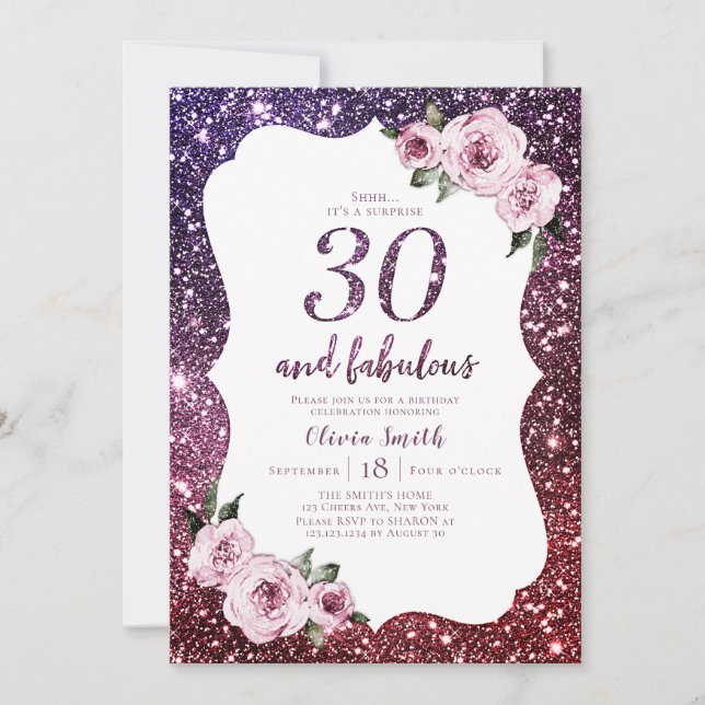Invitation Bourgogne violet parties scintillant floral 30e an (Devant)
