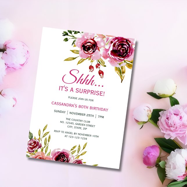 Invitation Bourgogne Violet Rose Floral Surprise Anniversaire (Créateur téléchargé)