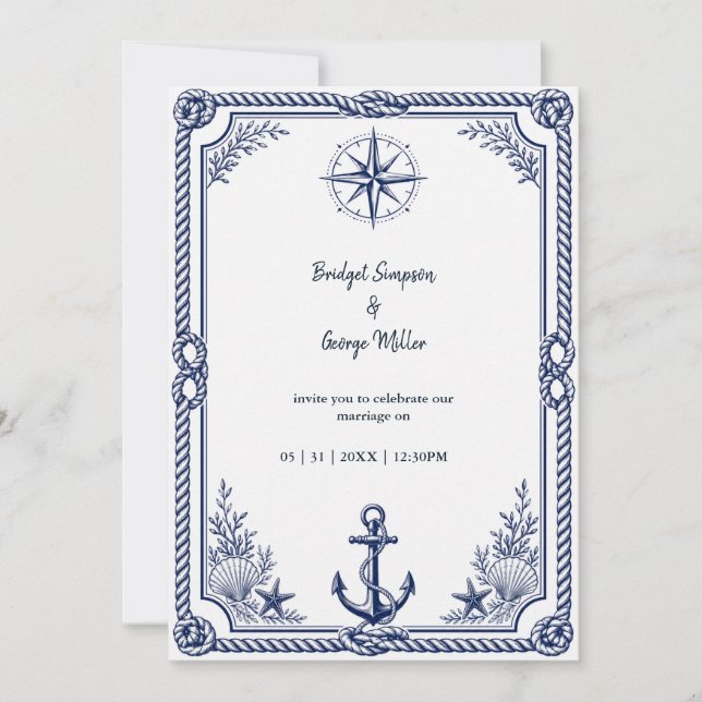 Invitation Boussole de mariage Navy Nautical Vintage (Devant)