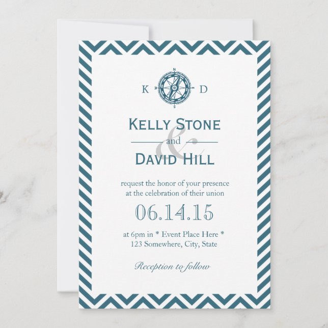 Invitation Boussole marine Bleu Chevron Stripes Mariage (Devant)