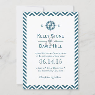 Invitation Boussole marine Bleu Chevron Stripes Mariage