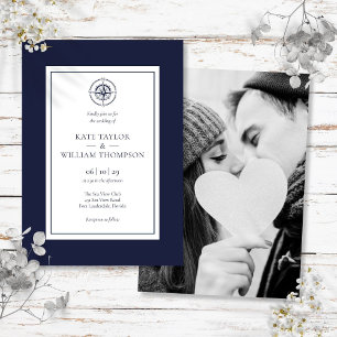Invitation Boussole marine Bleu et blanc Mariage photo