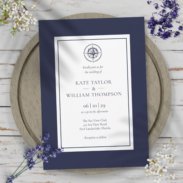 Invitation Boussole marine Mariage bleu et blanc (Nautical Compass Navy Blue And White Wedding Invitation)