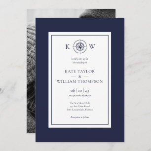Invitation Boussole marine Monogramme bleu Mariage Photo