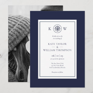 Invitation Boussole nautique bleu marine Monogramme Photo de