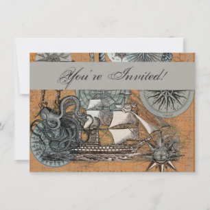 Invitation Boussole Rose Vintage Nautique Octopus Ship