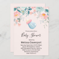 Bouteille Bébé Bleu & Rose avec Baby shower Fleurs