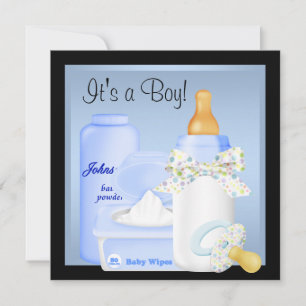 Invitation Bouteille Bleu Noir Pacifier Baby Boy Douche