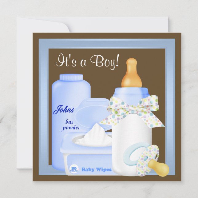 Invitation Bouteille bleue Brown Pacifier Baby Boy Douche (Devant)
