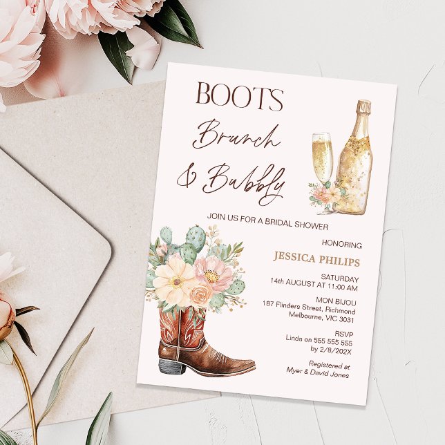 Invitation Bouteille Bouteilles Brunch Fête des mariées Bubbl (Boots Brunch and Bubbly Bridal Shower invitation Template, Cactus Floral Cowboy Boots Bridal Shower )