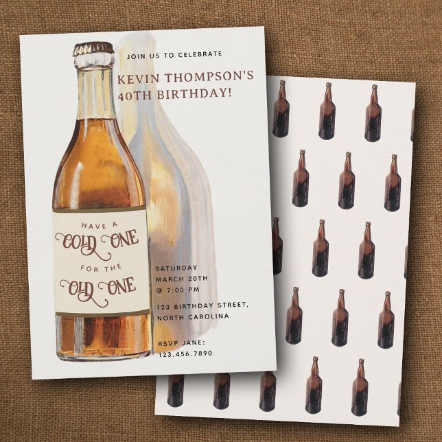 Invitation Bouteille de bière drôle Cold One Old One Fête d'a (Funny Beer Bottle Cold One Old One Birthday Party Invitation)