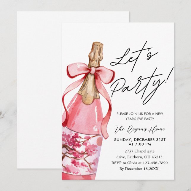 Invitation Bouteille de champagne à ruban rose pour la soirée (Devant / Derrière)